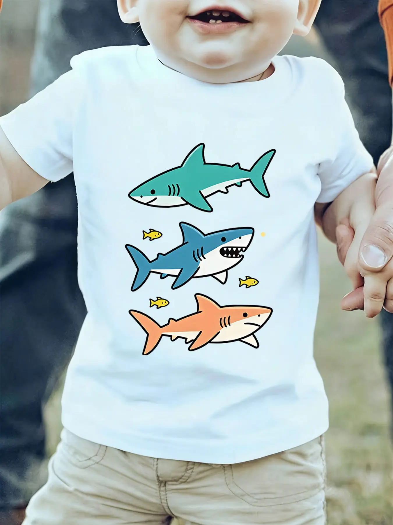 Cute Colorful Cartoon Sharks Small Fish Ocean Animal Graphic Kids T Shirt Boys Girls Family Matching Summer Crew Neck Casual Tee