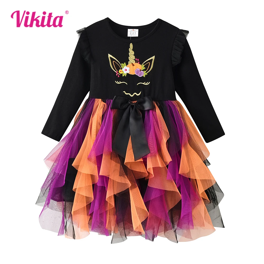 VIKITA Girls Halloween Dresses Kids Licorne Pumpkin Embroidery Bow Knot Dress Kids Festival Cosplay Party Tutu Dresses 3-12Y