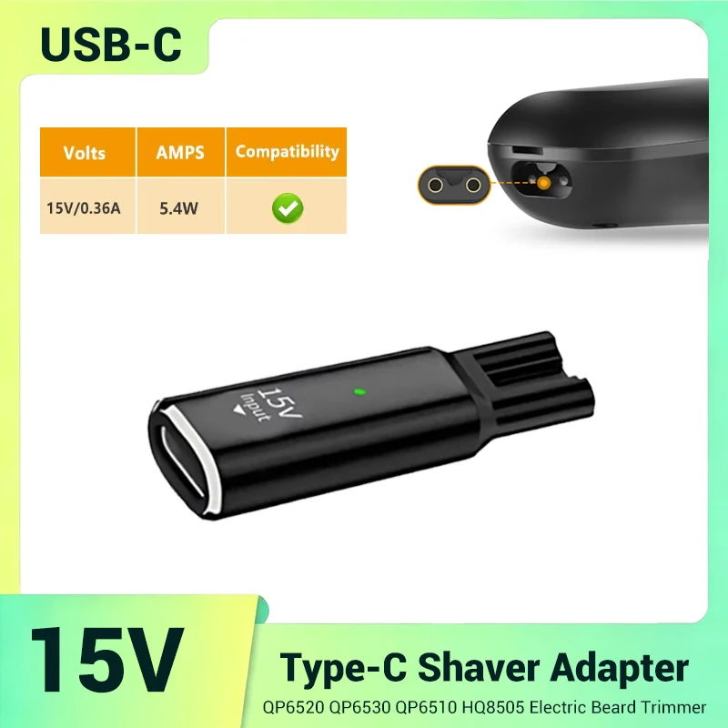 15V USB-C Safe Stable Mini Charging Adapter for Philips Norelco OneBlade QP S1000 S3000 S5000 S7000 HQ Series Electric Shaver