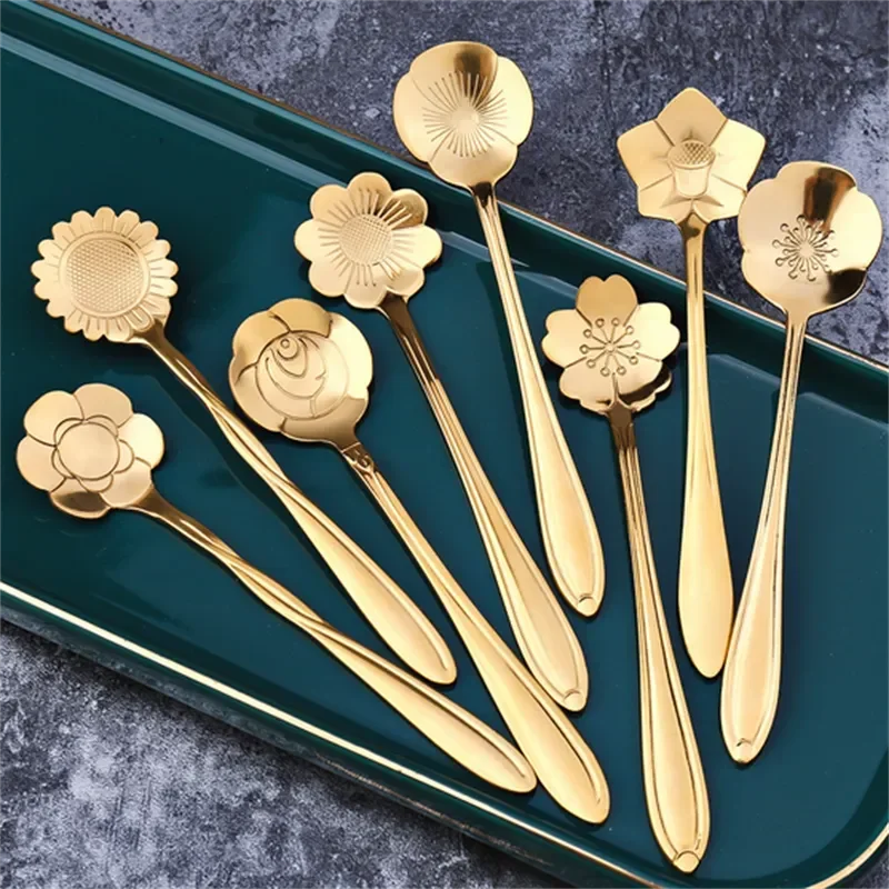 8pcs Stainless Steel Cherry Rose Flower Gold Scoop Coffee Spoon Gifts Kitchen Dessert Tea Accessories Tableware Decoration Set