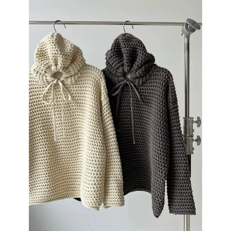

Oversized chunky knit hoodie with cut-outs for women; new autumn/winter lazy, high-end feel pullover sweater