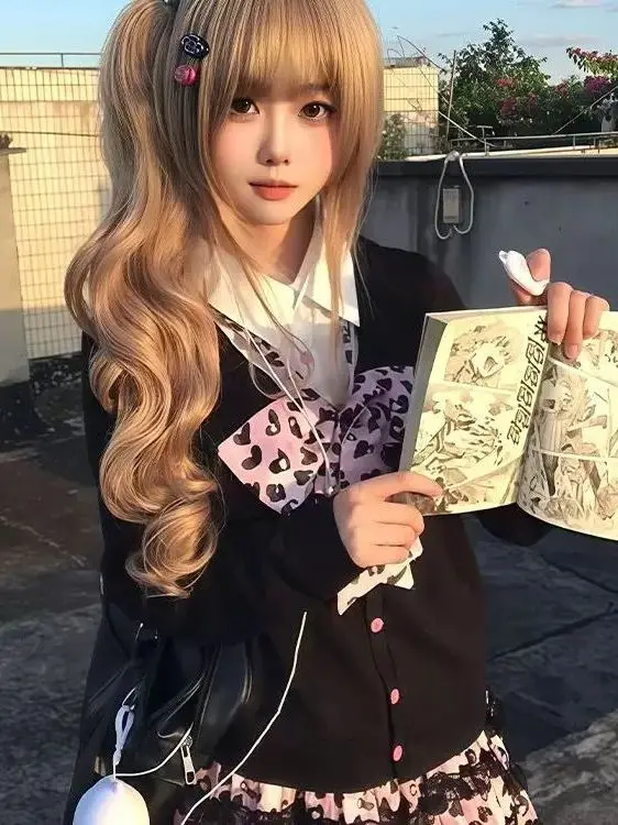 Pink Leopard Print Uniform Two-Piece Set Women's Sweet Subculture Girl Sakura Sister Autumn Winter Fashion School Uniform Set