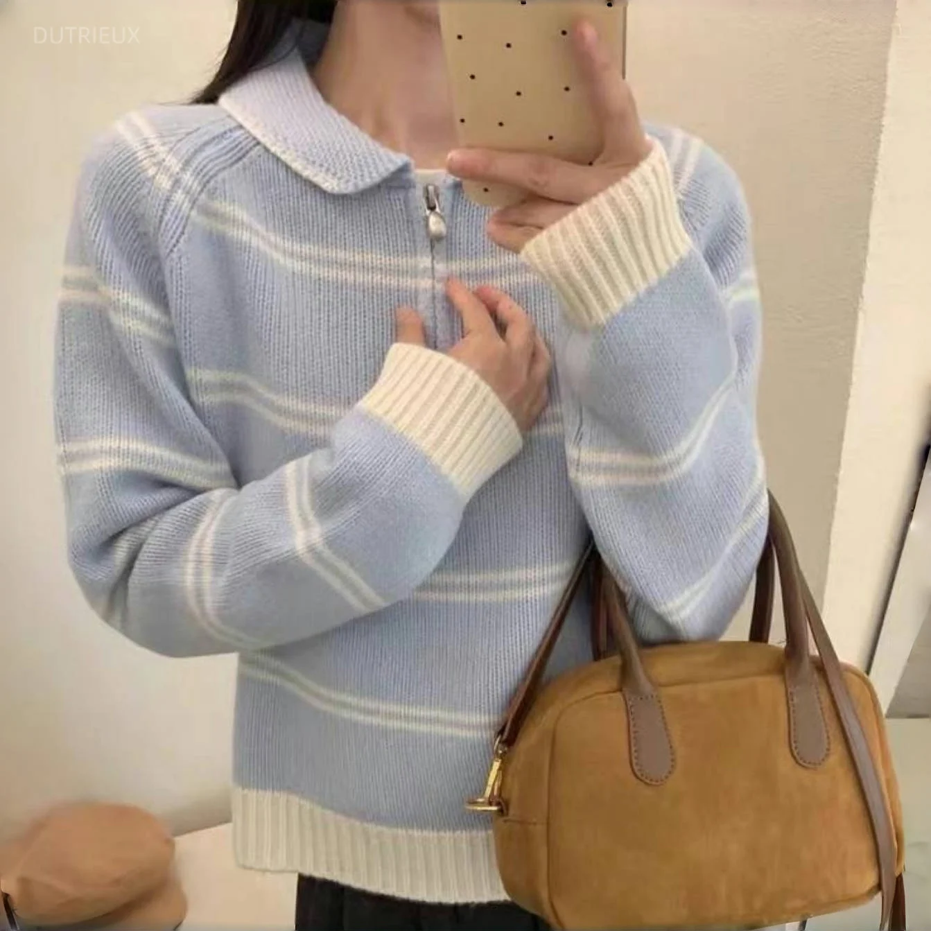 Woman Sweaters Zipper Stripes Autumn Winter Korean Fashion Chic Pullovers Vintage Warm Simple Elegant Pull Femme