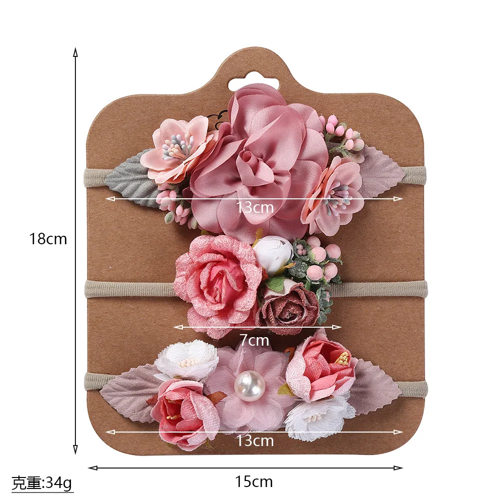 3pc Princess Pearl Flower Headband Infant Elastic Nylon Hair Bands Handmade Artificial Flower Baby Headband Kid Girl Headwear