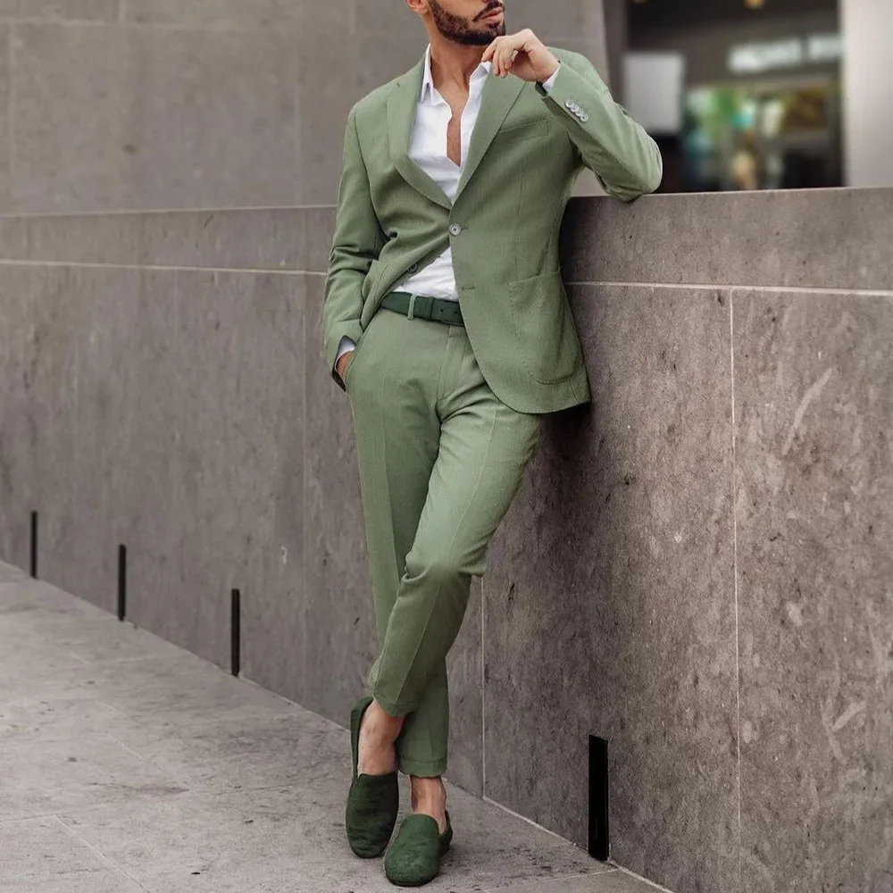 

Light Green Notch Lapel Blazer Trousers Men Suits Tuxedo Prom Costume Homme Formal Wedding Clothing Big Pocket 2pcs Jacket Pants