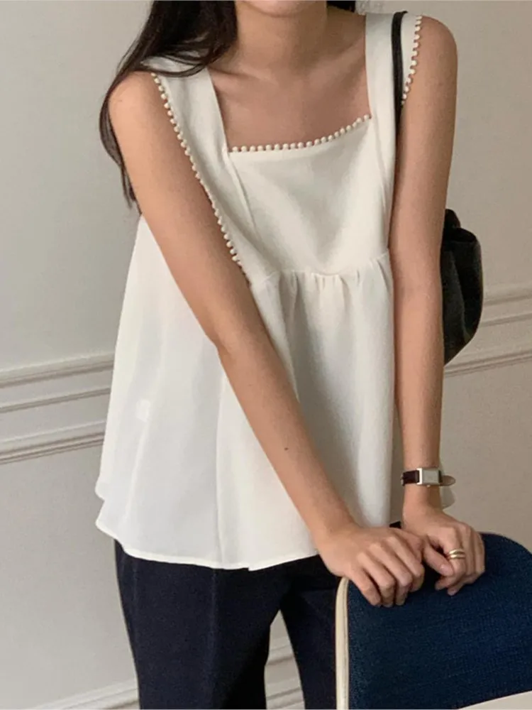 Summer Sleeveless Slip Vests Tops Women Ruffle Pleated Fashion Sweet Ladies Cropped Blouses Korean Style Loose Woman Tops