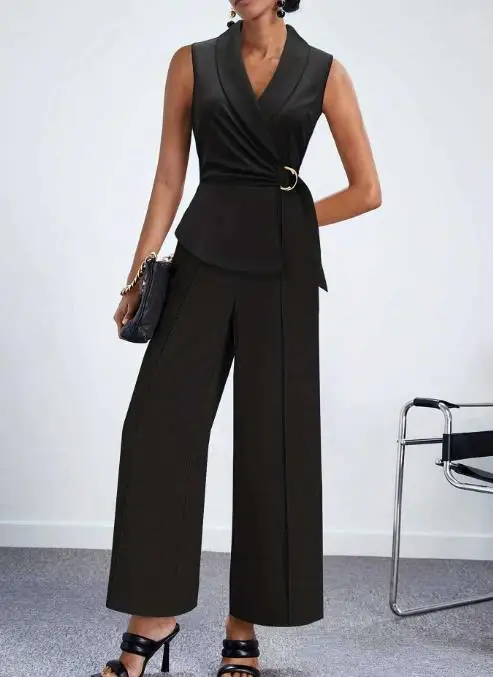 

Office Fashion Socialite Wrap Up Tie Up Suit Pants Solid Color Wide Leg Jumpsuit Women's Clothing