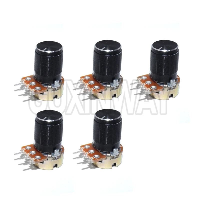 5Set WH148 15 مللي متر الجهد الخطي 3pin 1K 2K 5K 10K 20K 50K 100K 250K 1M مع مقبض سبائك الألومنيوم الأسود غطاء الجهد عدة