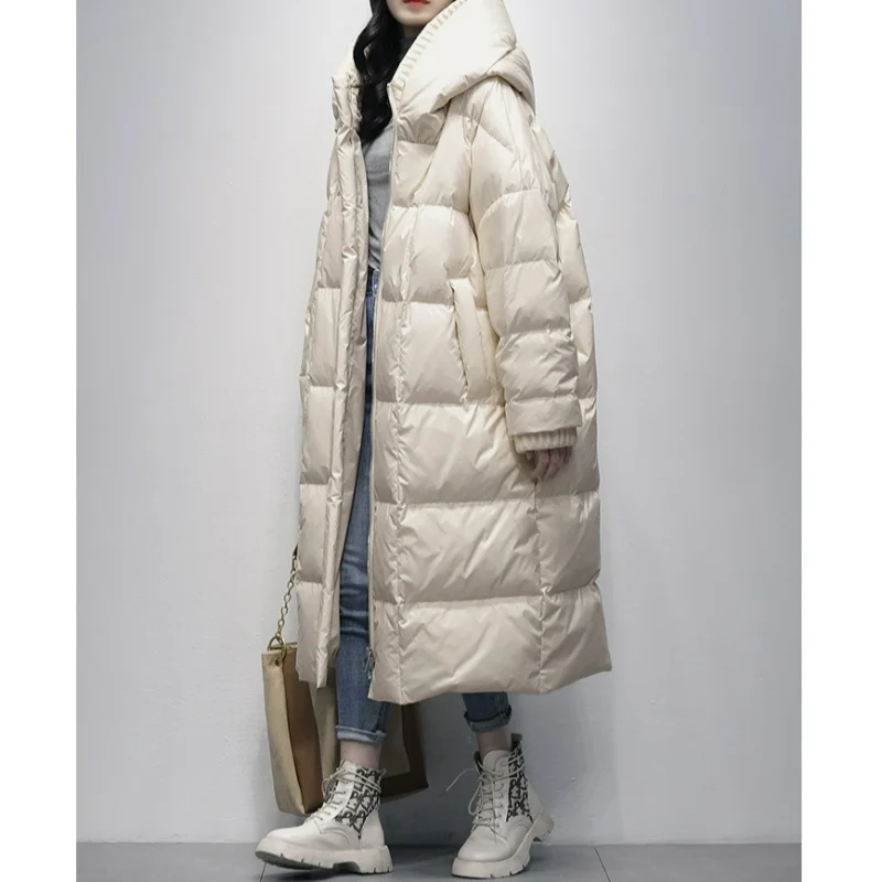 Winter 90% White Duck Down Jacket Women Plus Velvet Coats Thickened Loose Large Size Glossy Disposable Windproof Clothing
