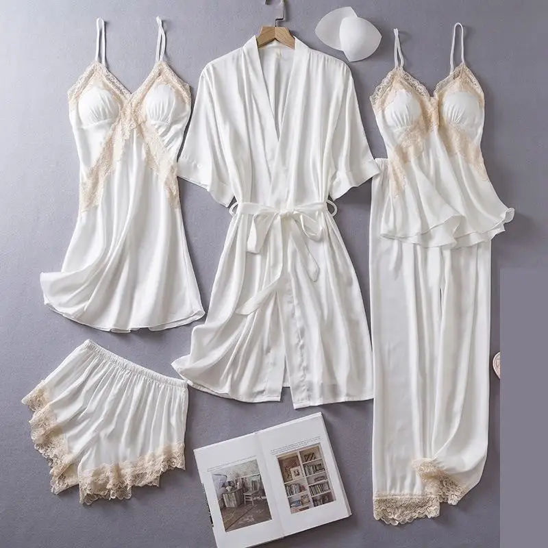 White Lace Sleepwear Women 5 Piece Set Spring Satin Bathrobe Nightgown Sleep Suit Homewear Kimono Pajamas Nightdress Loungewear