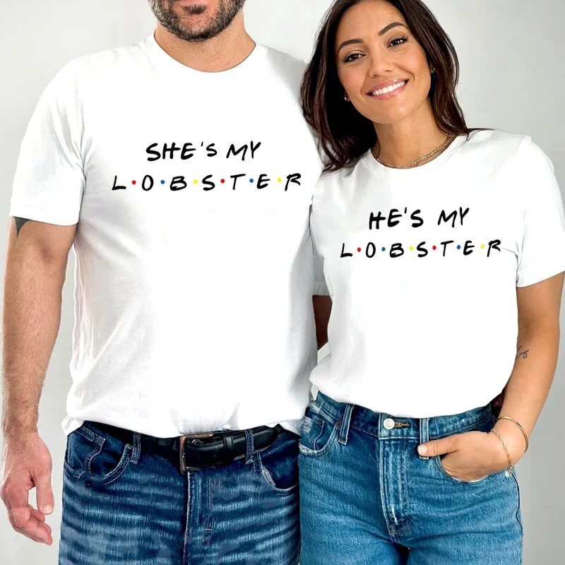 He or She Is My Lobster Graphic T-shirts Male Female Matching Couple Short Sleeves Lovers Honeymoon T-shirts