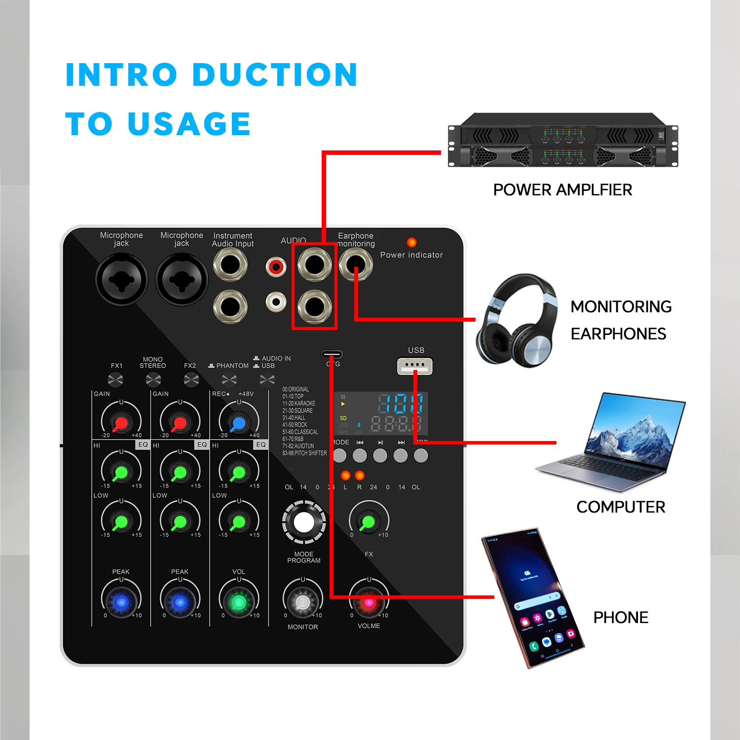 GAX-DP216 Professionele draagbare digitale DJ-console met USB-mixer Grensoverschrijdende live zingen 2-kanaals audiomixer