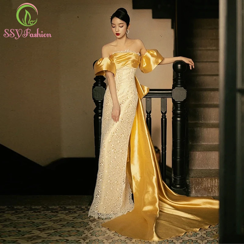 

SSYFashion Новое золотое вечернее платье русалки для женщин, роскошное сексуальное кружевное платье без бретелек с рыбьим хвостом, вечерние платья Vestido De Fiesta