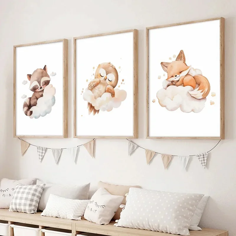 Pintura en lienzo de animales de nube bonita de bebé de dibujos animados, mapache, zorro, ciervo, póster artístico de pared para niños, imagen de guardería, Mural de decoración para habitación de bebé