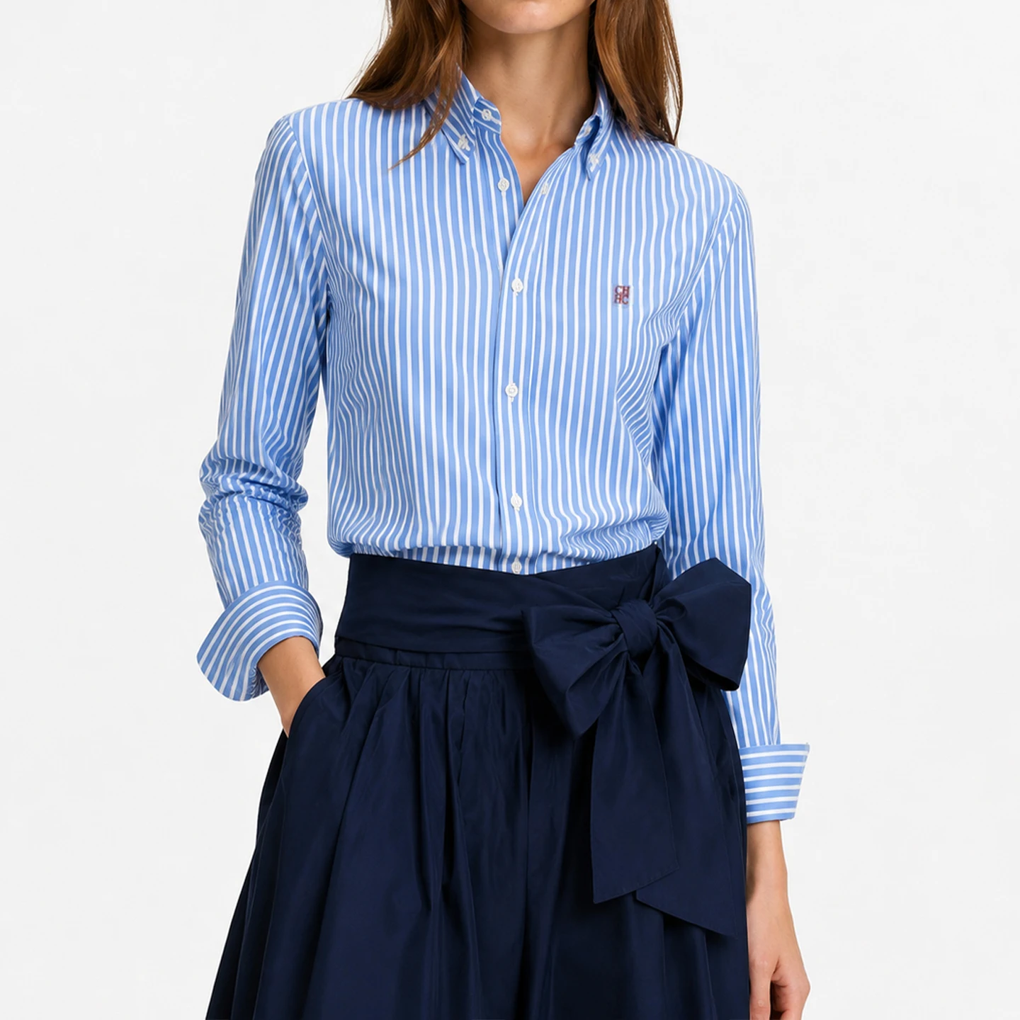 CH Damen Blau-Weiß Gestreiftes Hemd Langarm Daunenbluse Lässige Büro-Damen-Oberteile Modisches Slim-Fit Business-Arbeitshemd – Detail 6