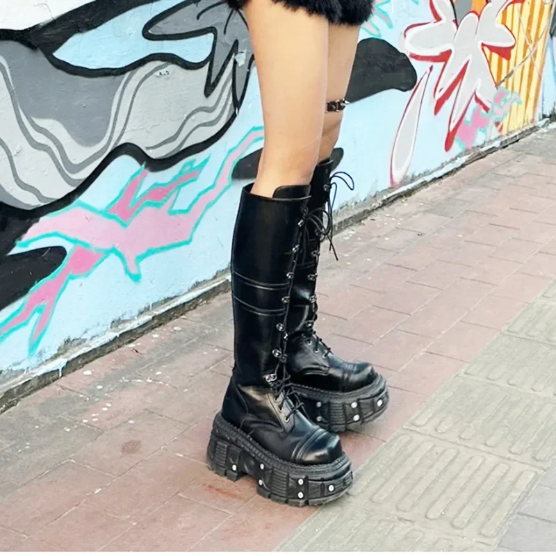 

But Knee Women's 2024 New Lace-up High Tube Heightening Knight Platform Punk Shoes Retro Style Boots 8cm