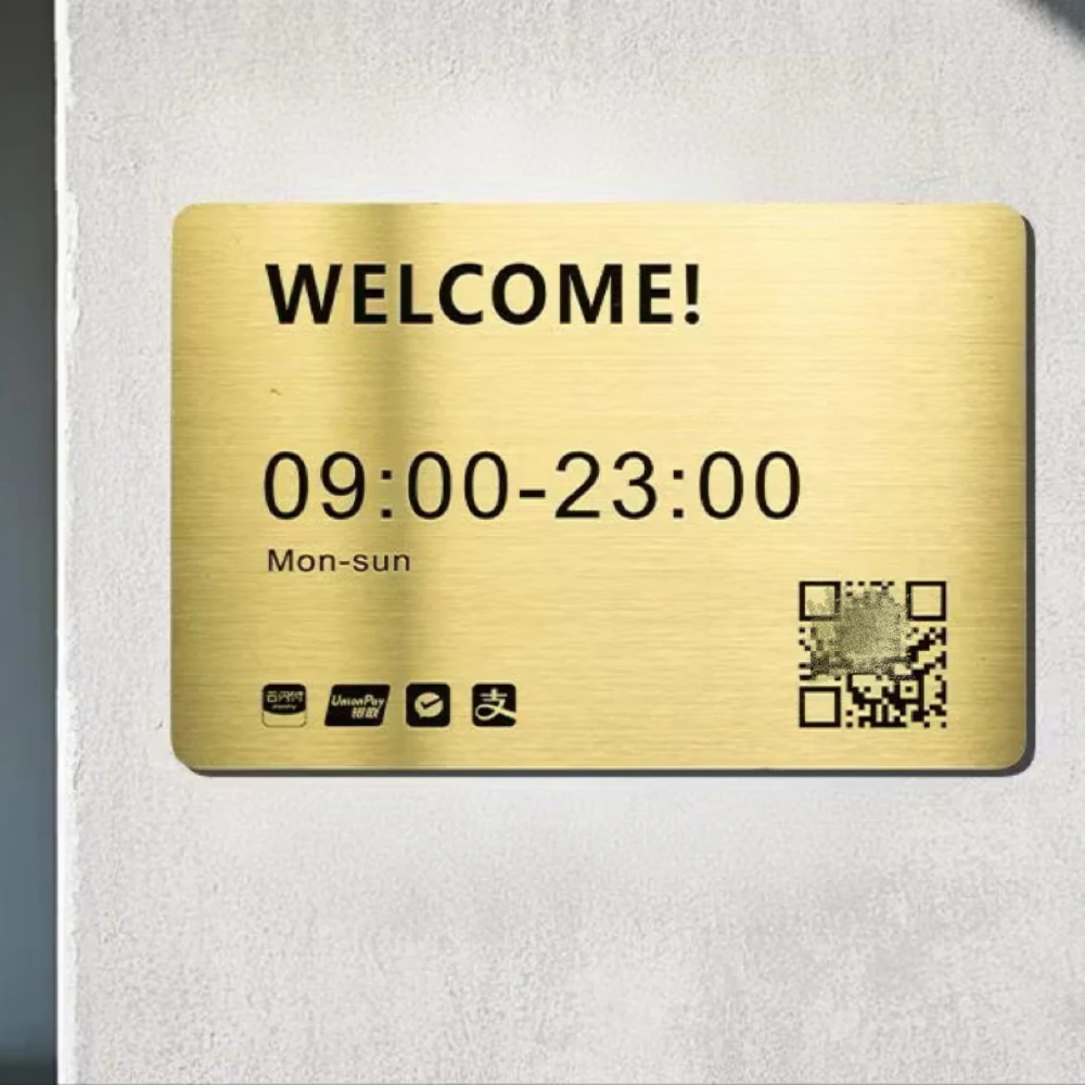 MD Brushed Stainless Steel NamePlate Customize Business Hours Sign with QR Code Wall-Mount for Hotel Shop Villa Company Cafe Bar