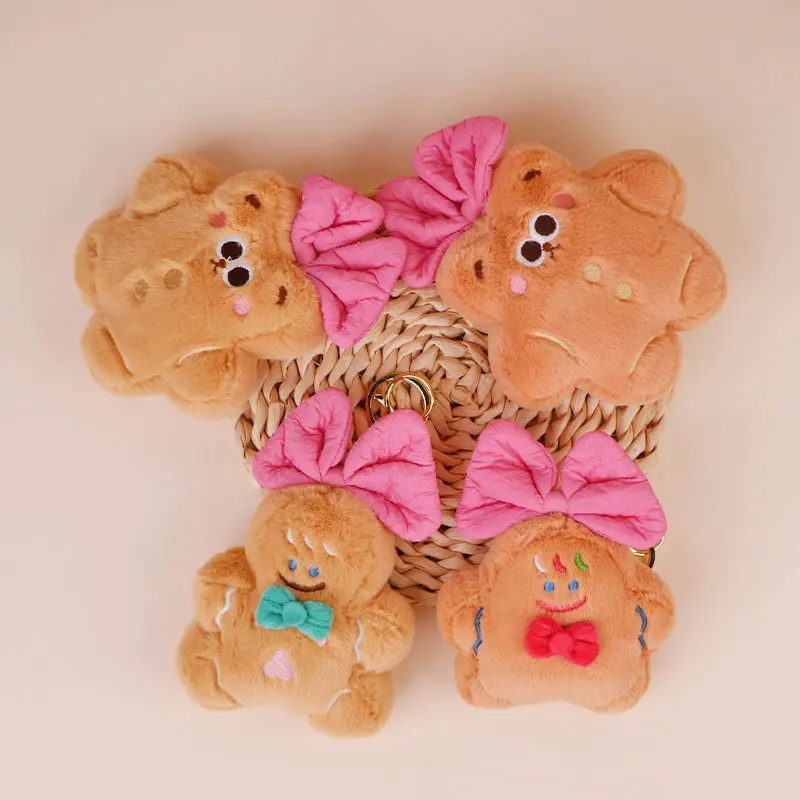 Mini Fluffy Gingerbread Plush Pendant Cartoon Bow Design Doll Keyring Bag Hanging Ornament Holiday Christmas Birthday Small Gift