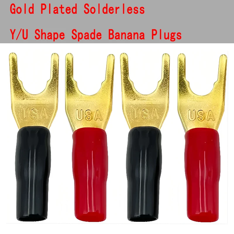 Solderless Y/U Shape Spade Banana Connectors - Gold Plated for Speaker Cable Power Terminals