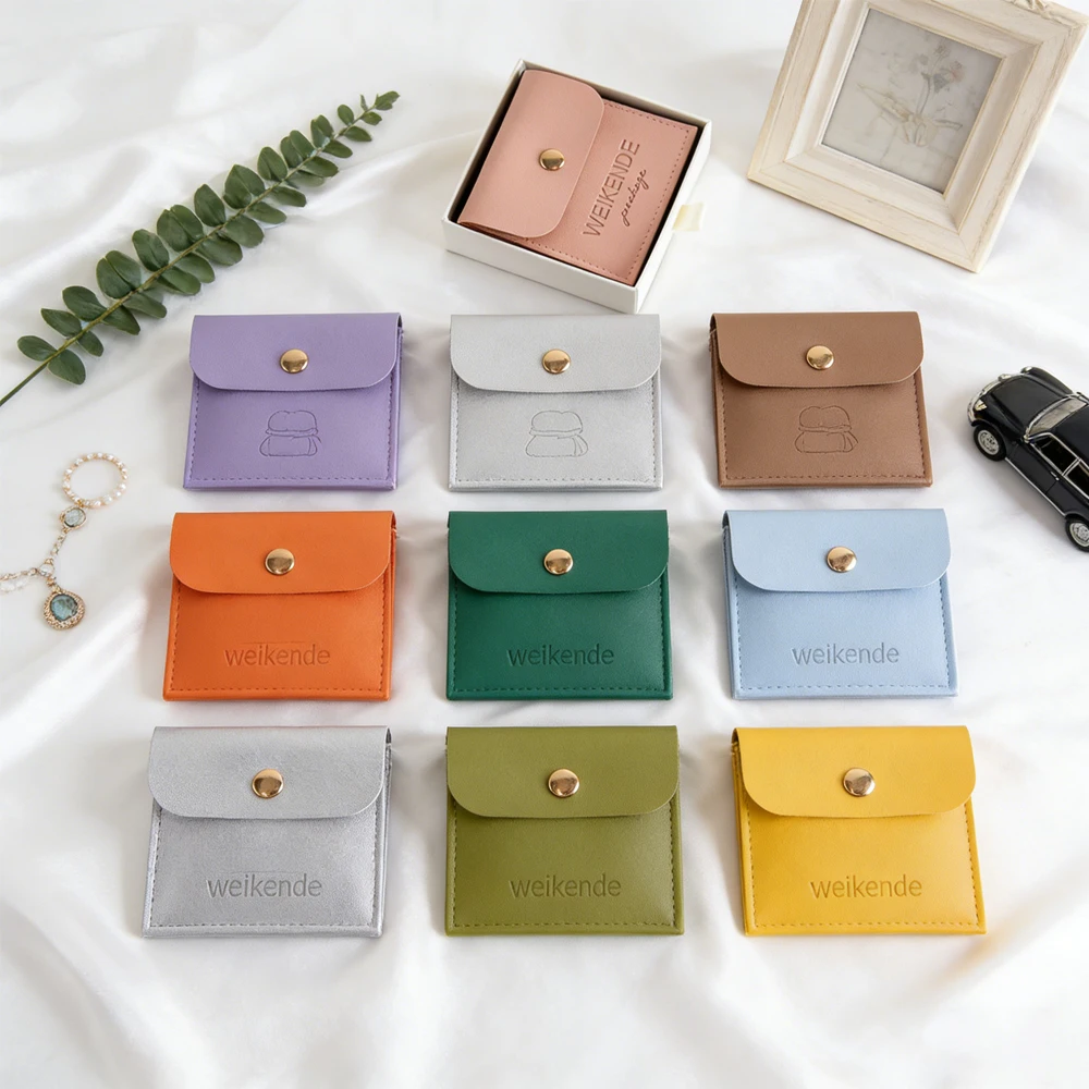 

50Pcs Custom Logo Jewelry Bag Soft PU Leather Envelope Flap Snap Button Pouch DIY Ring Earrings Bracelet Pendant Storage Sack