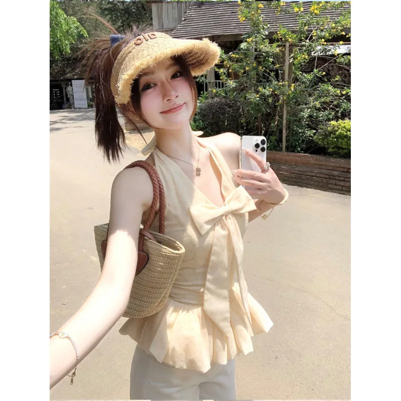 

Women's Beige Halter Neck Blouse Bow Front Ruffled Peplum Sleeveless Slim Fit Elegant Casual Top