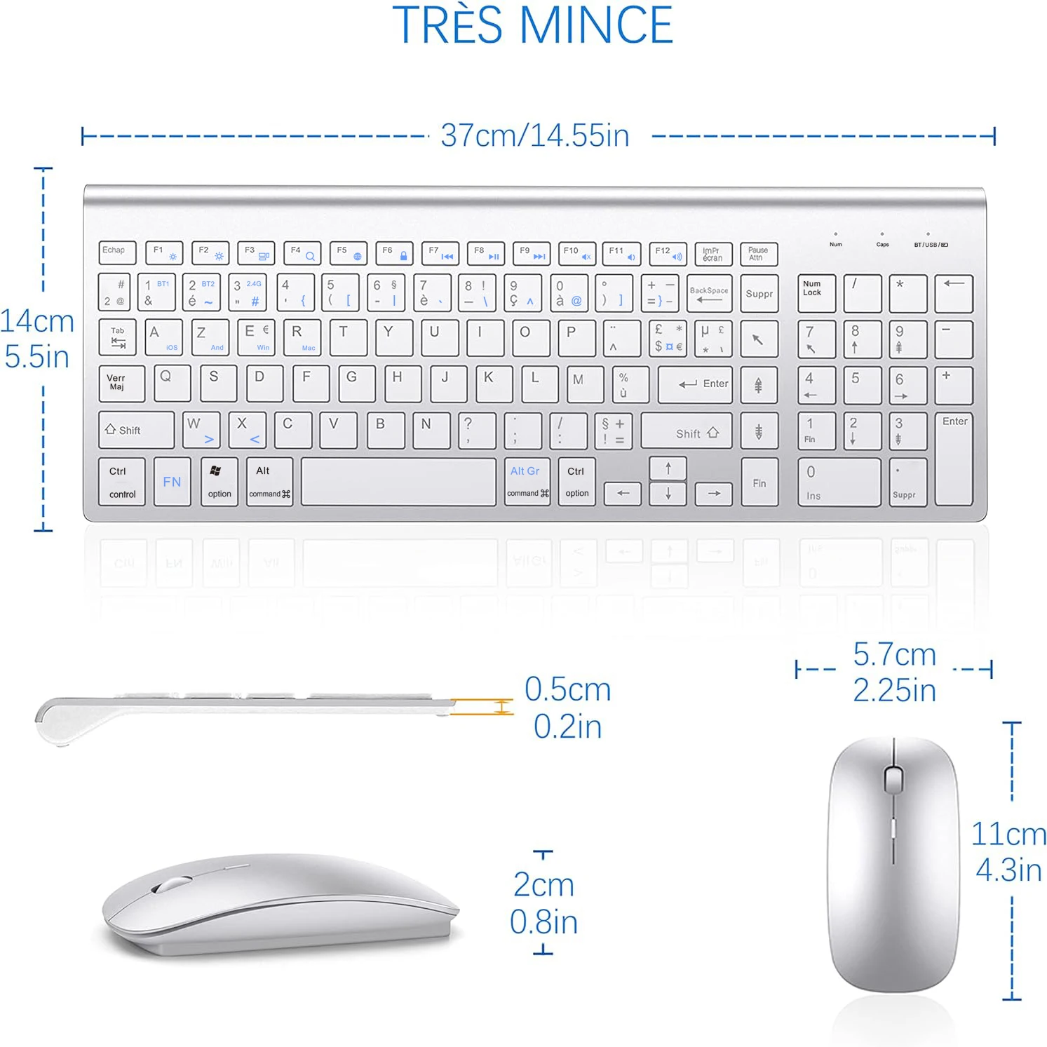 Wireless French Keyboard Mouse Combo AZERTY Layout Dual Mode 2.4G & Bluetooth USB Compact for MacOS Laptop Desktop iOS Windows