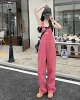 XS-XL jean womens 2022 Summer Preppy Style loose Girls Pink wide leg trousers jumpsuit korean casual denim overalls womens(78891 - Image 4