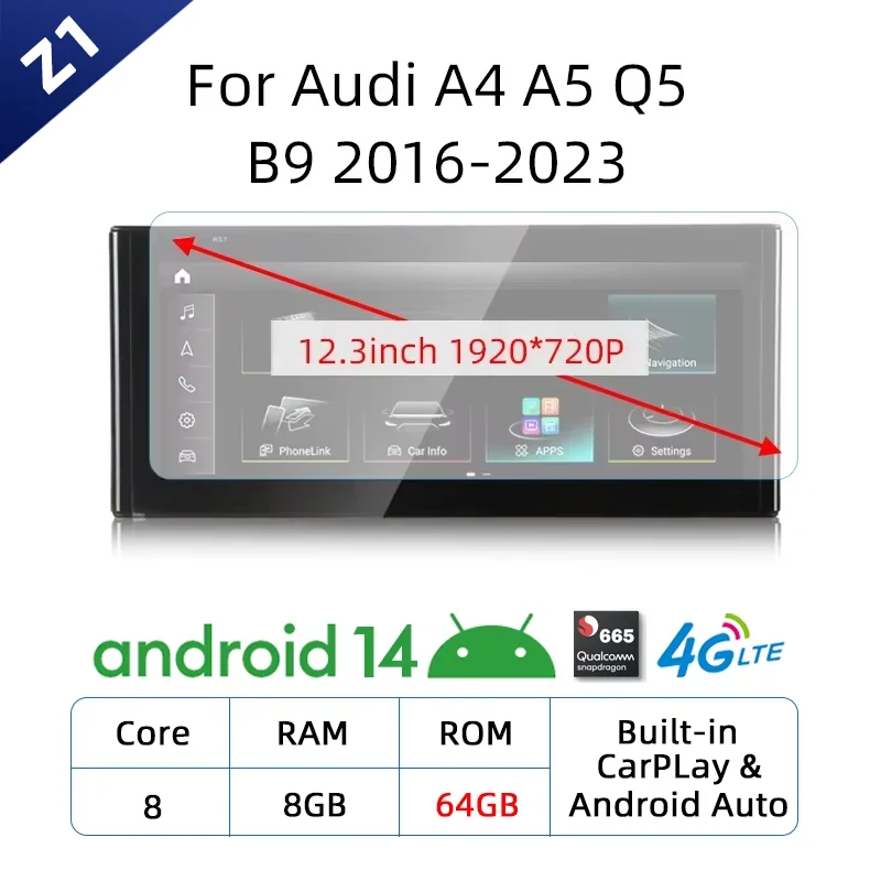 Qualcomm 8 + 128G Draadloze Carplay Voor Audi A4 A5 Q5 B9 2016-2023 Auto Multimedia Speler Android 14 Auto Stereo GPS Touchscreen