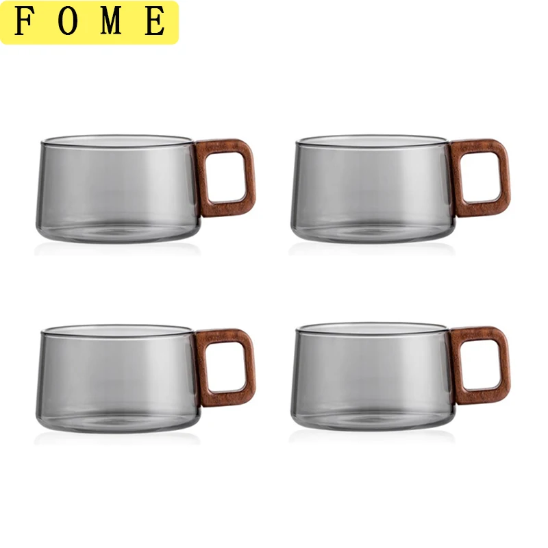 2/4pcs High Borosilicate Glass Coffee Mug Set Heat-resistant Teacup With Wood Handle Espresso Cup For Milk Latte Cappuccino Gift