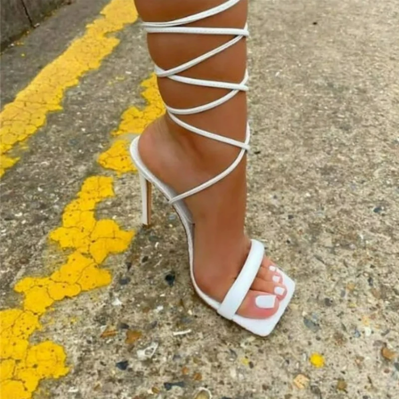 

Women Sandals Ankle Strap High Heels Summer Leather Lace-Up Pumps Thin Heels Plus Size Party Women Shoes Sexy Square Toe Sandals