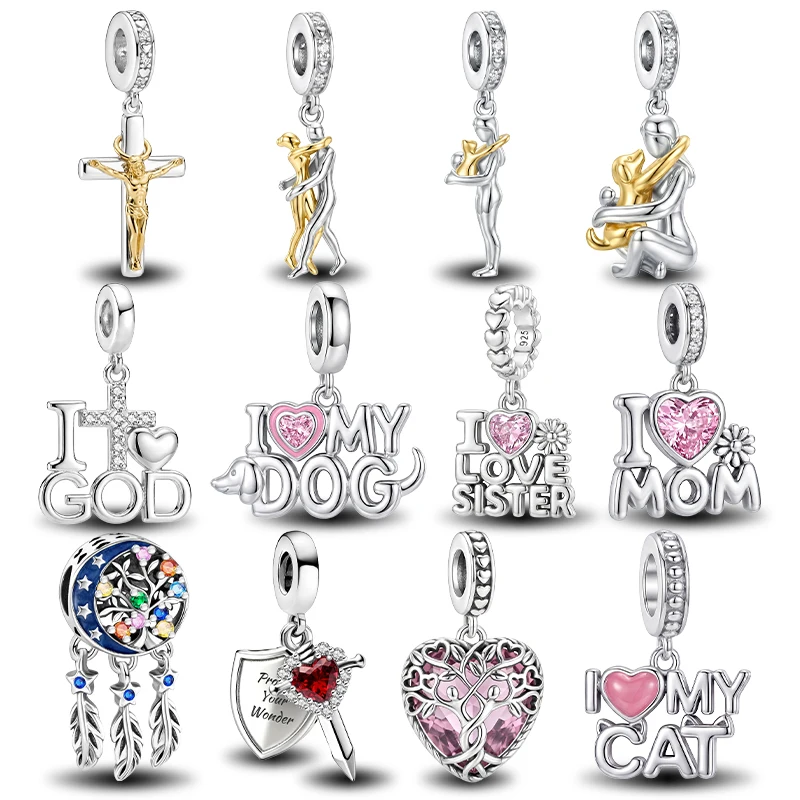 925 Sterling Silver Mother Daughter Couple Dog Cat Hug Series Charm Pendant for Bracelets DIY Women's High Quality Fine Jewelry