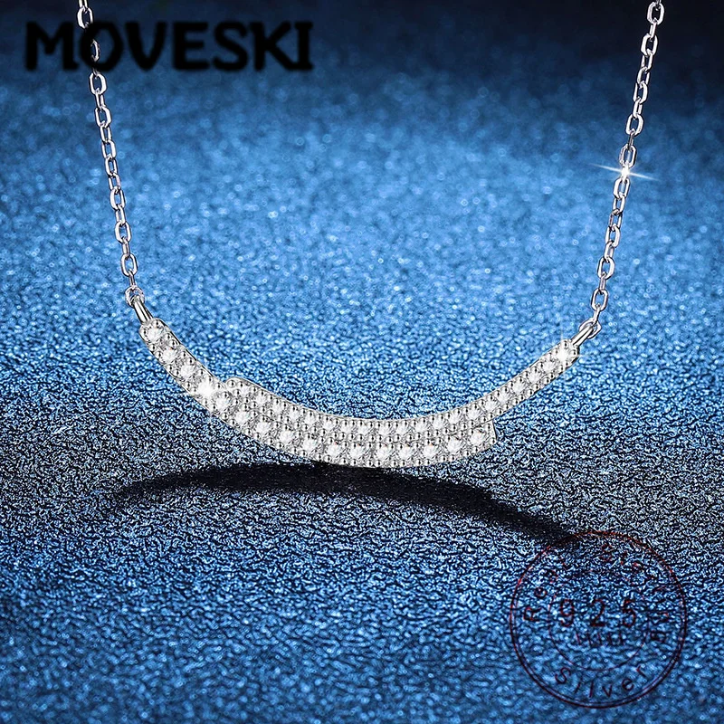 

MOVESKI 925 Sterling Silver Paved Moissanite Curved Bar Necklace, Dainty Minimalist Jewelry for Women