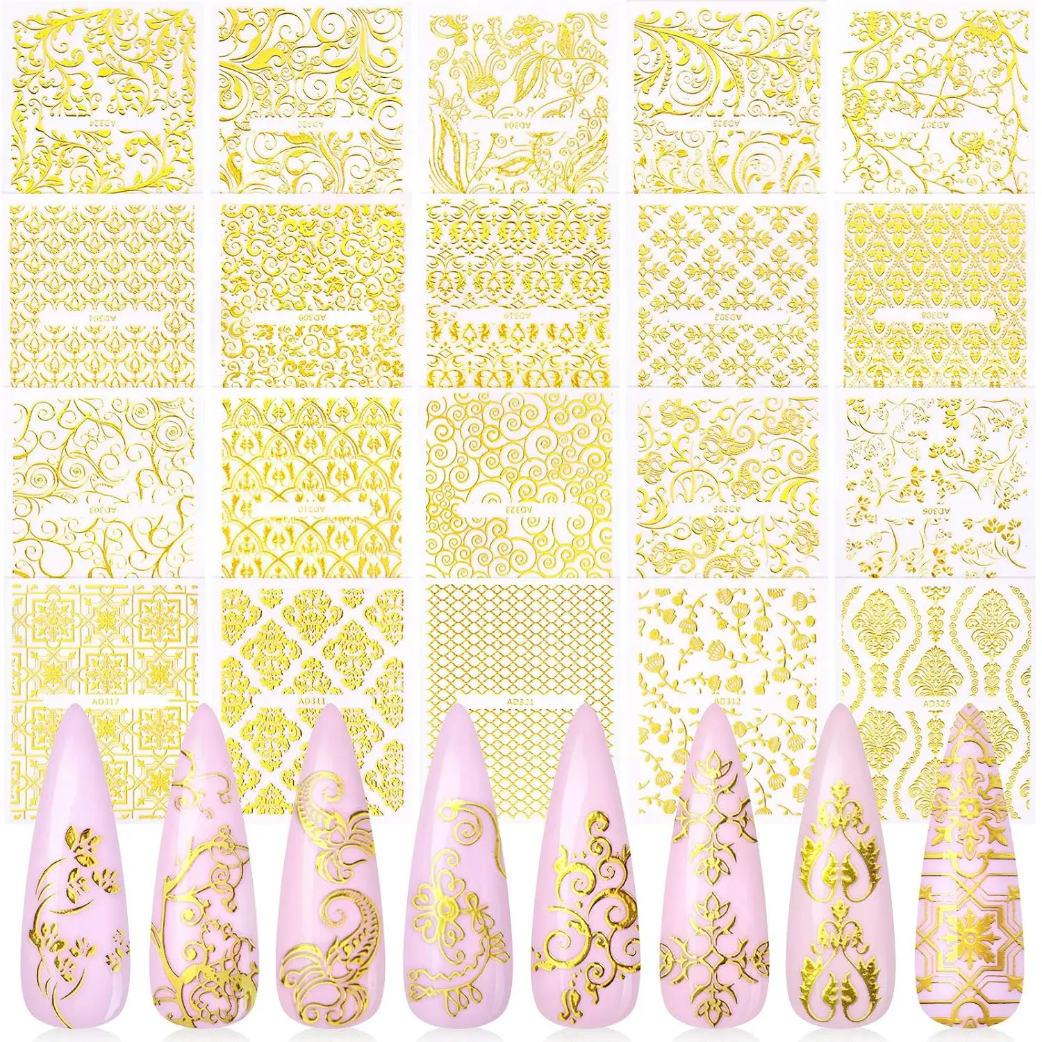 30pcs 3D Gold Flowers Nail Art Sticker, 30 Sheets Metallic Flowers Vine Nail Decals Sticker 3D Flower Lace Nail Adhesive Sticker