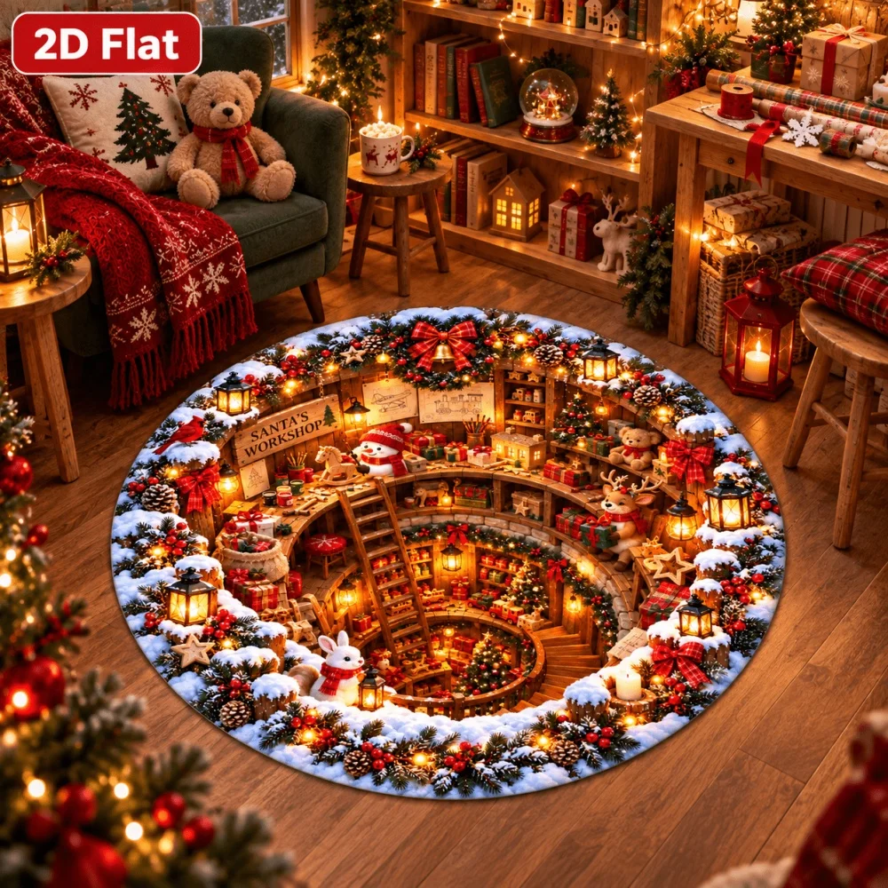Christmas Fireplace Scene Floor Carpet Wreath Stocking Candle Print Washable Round Rug for Cozy Holiday Home Styling