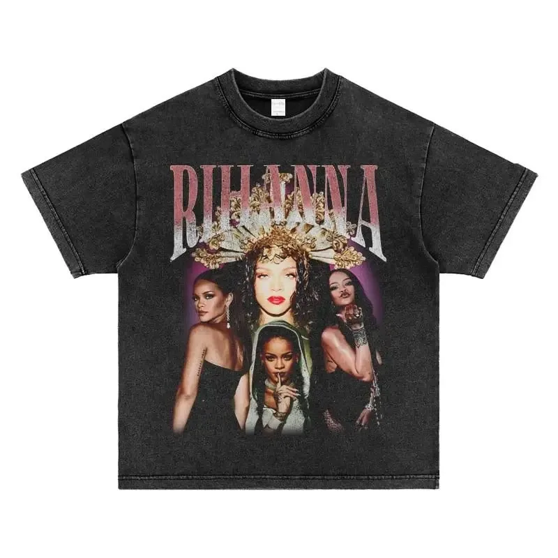 Oversized Spring/Summer Men\'s and Women\'s Retro Rihanna Hip Hop Rap Street Wash Breathable Printed Short Sleeved T-shirt Y2K Top