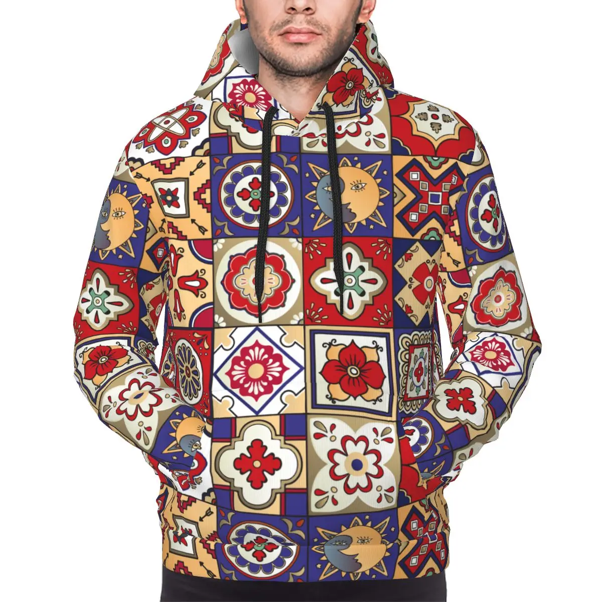 Mexican Tile Hoodie For Men Women Mandala Pullover Long Sleeve Sweatshirts Drawstring Hooded Shirt with Kanga Pocket