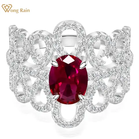 Wong Rain 925 Sterling Silver Oval Cut 6*8 MM Ruby Emerald High Carbon Diamond Gemstone Ring for Women Anniversary Gifts Jewelry