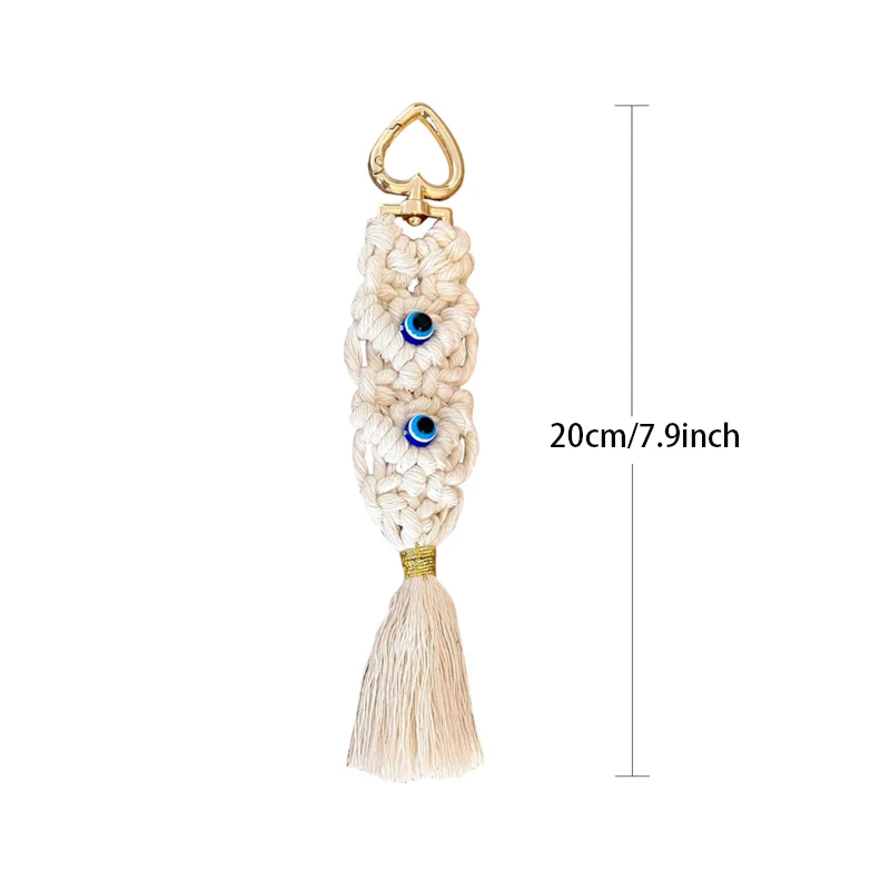 Boho Chic Handmade Woven White Macrame Blue Evil Eye Keychain Handwoven Tassel Keychain Perfect for Car Keys Wallets Bags