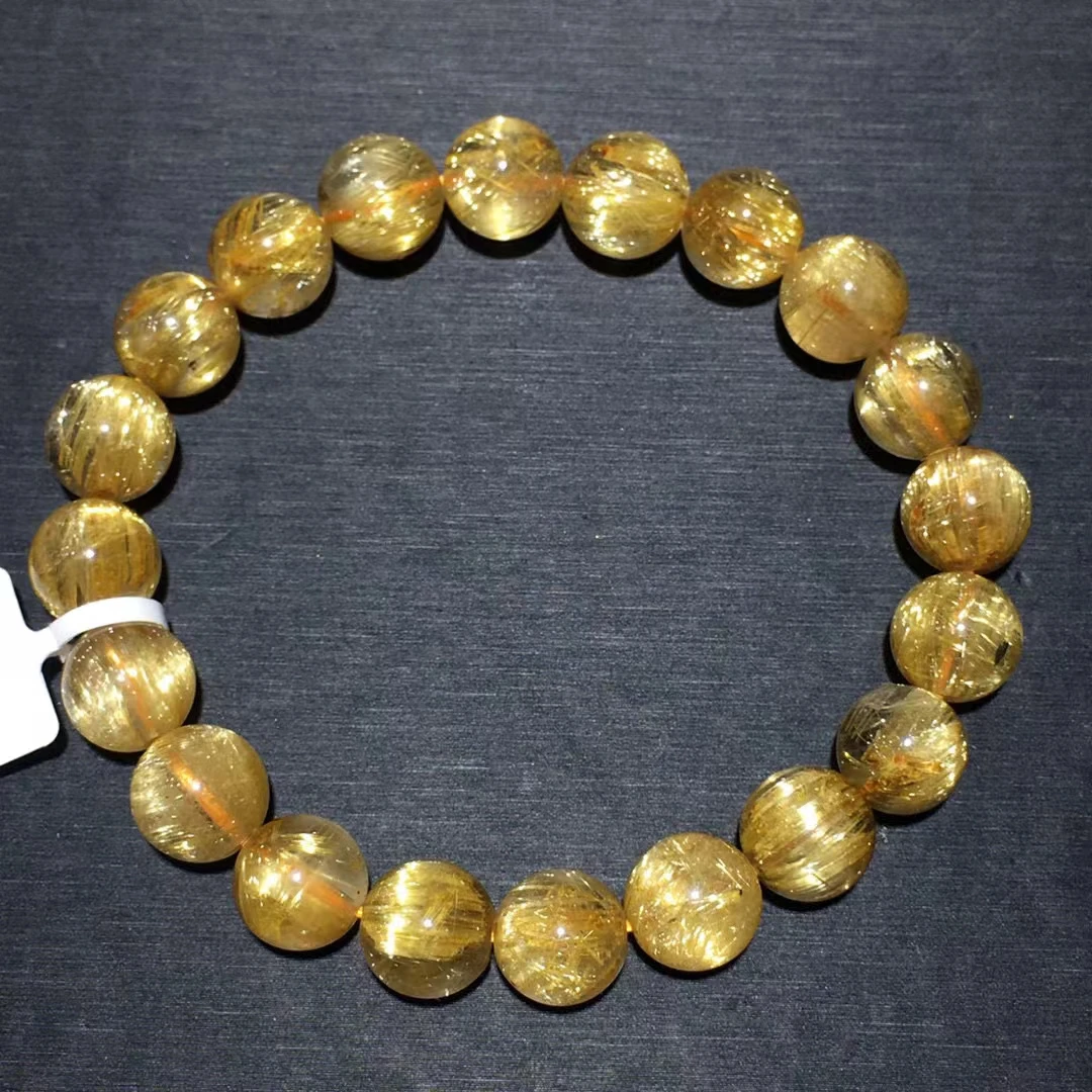 Natural Gold Rutilated Quartz Titanium beads Bracelet 10mm Wealthy Woman Men Clear Round Beads Jewelry From Brazil AAAAAAA