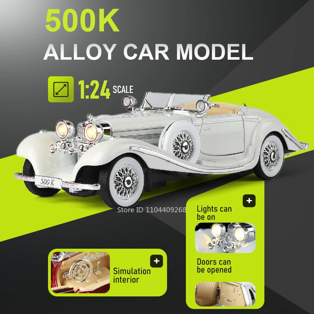 

1:24 Scale 500K Car Model Toy Music Light Metal Body Wheel Steering Classic Cars Miniature Models Living Room Ornaments