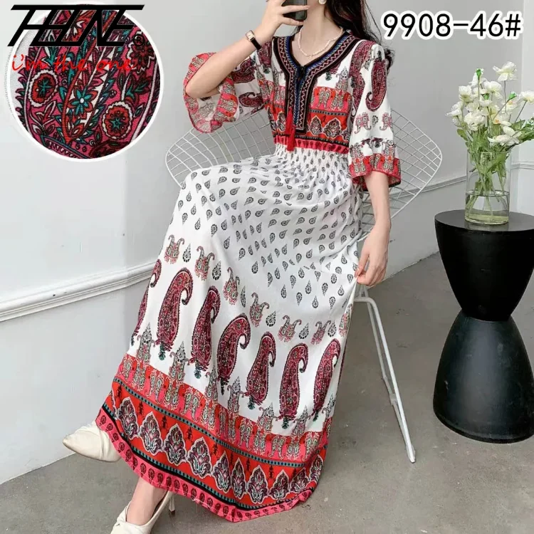 THHONE Long Dress Women Indian Clothes Bohemian Korean Embroidery Floral Cotton Linen Maxi Print Casual Vintage Vestidos Robe