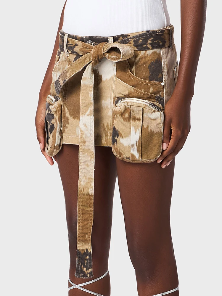 Camouflage printed bustier y2k work style three-dimensional pockets tie high-waisted denim skirt female 2024 summer new