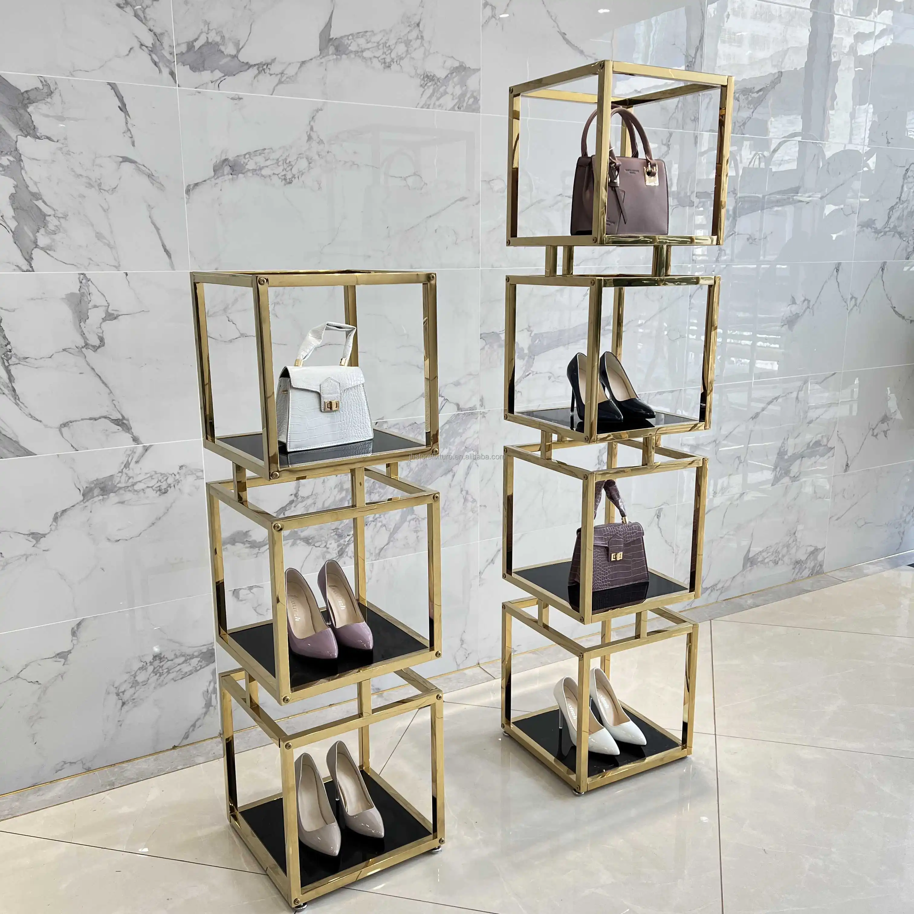 Rak Display Tas Sepatu Grosir Pabrik, Rak Display Tas Tangan Tiga Tingkat Logam Stainless Steel Praktis