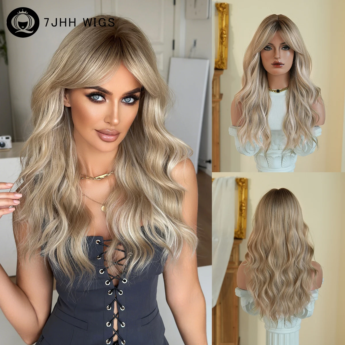 

7JHH WIGS Long Water Wave Ash Blonde Wig for Women High Density Synthetic Modest Fashion Middle Part Wigs with Curtain Bangs