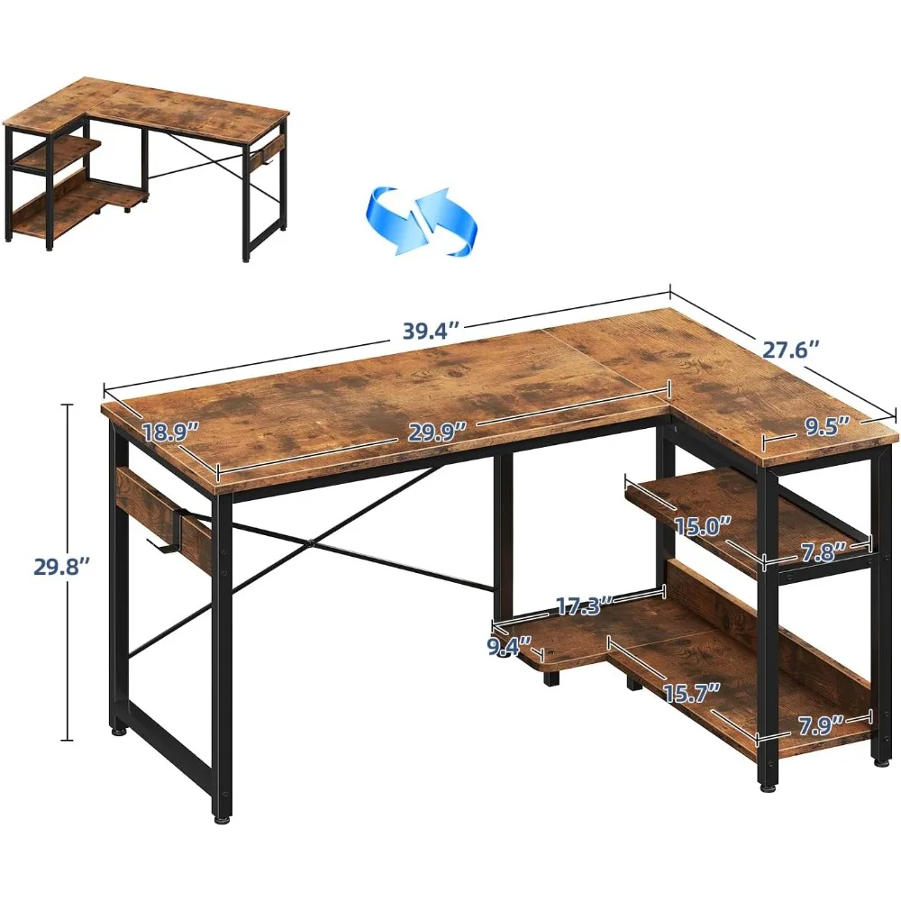 مكتب مدمج على شكل حرف L مقاس 40 بوصة مع مساحة تخزين وحامل كمبيوتر للألعاب المنزلية والاستخدام المكتبي