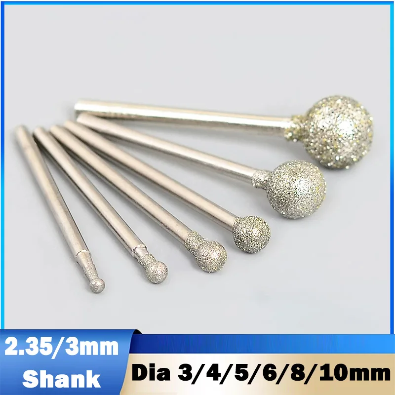 3~10mm 60# Diamond Grinding Burr Ball Metal Peeling Bits Stone Jade Grinding Bits 2.35/3mm Shank Grinding Bit Polishing Tool