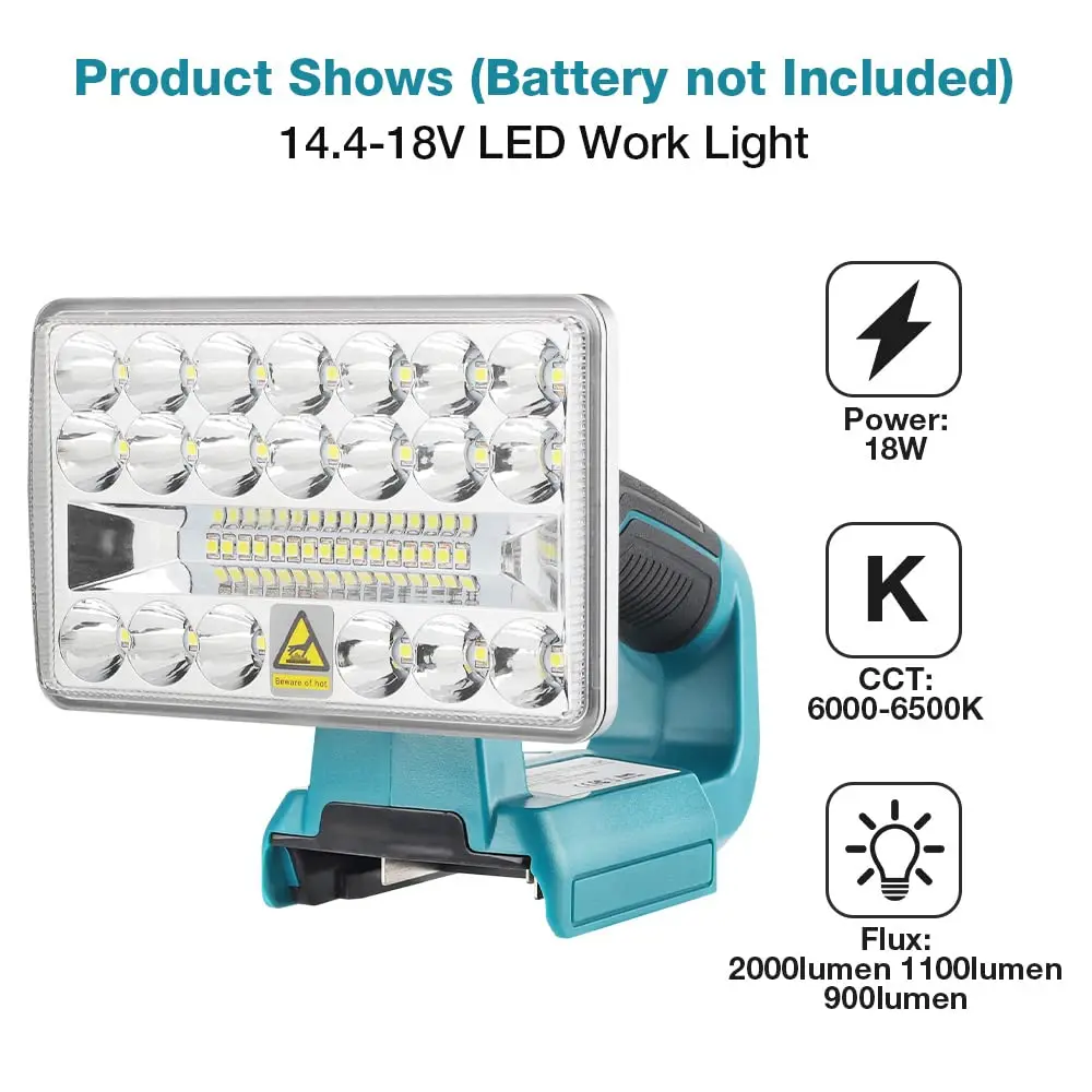 Faro da lavoro a LED da 2000LM per batteria al litio Makita 18V Torcia da 18W Faretto portatile Luce da esterno portatile per riparazione auto da campeggio Illuminazione di emergenza e cantiere 3 modalità di luminosità