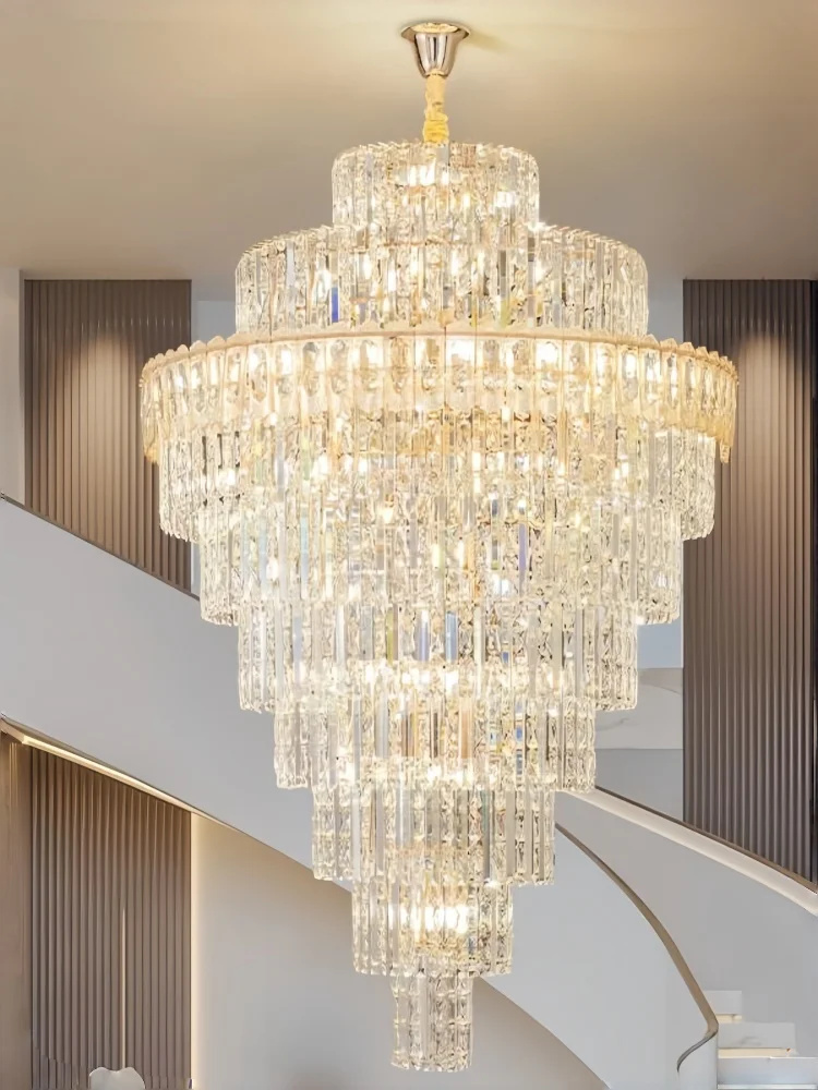 Duplex Living Room Crystal Led Chandelier Villa Luxurious French Crystal Chandelier Rotating Staircase Light Ceiling Chandelier
