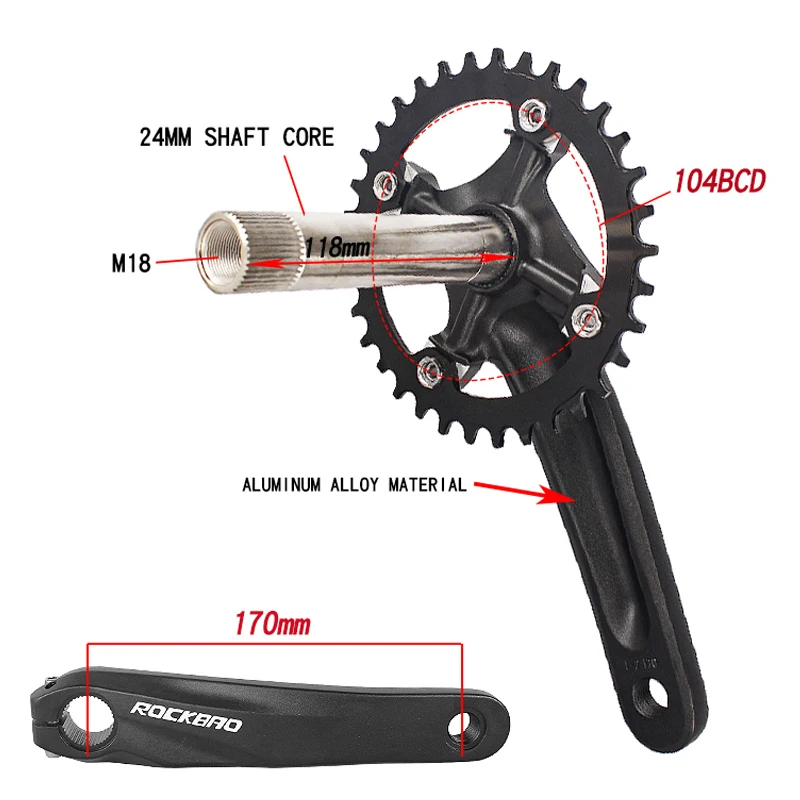 

ROCKBAO Bike Crankset 104BCD 170mm MTB Hollow integrated Chainring 32/34/36/38T Mountain Bicycle Crank Bottom Bracket