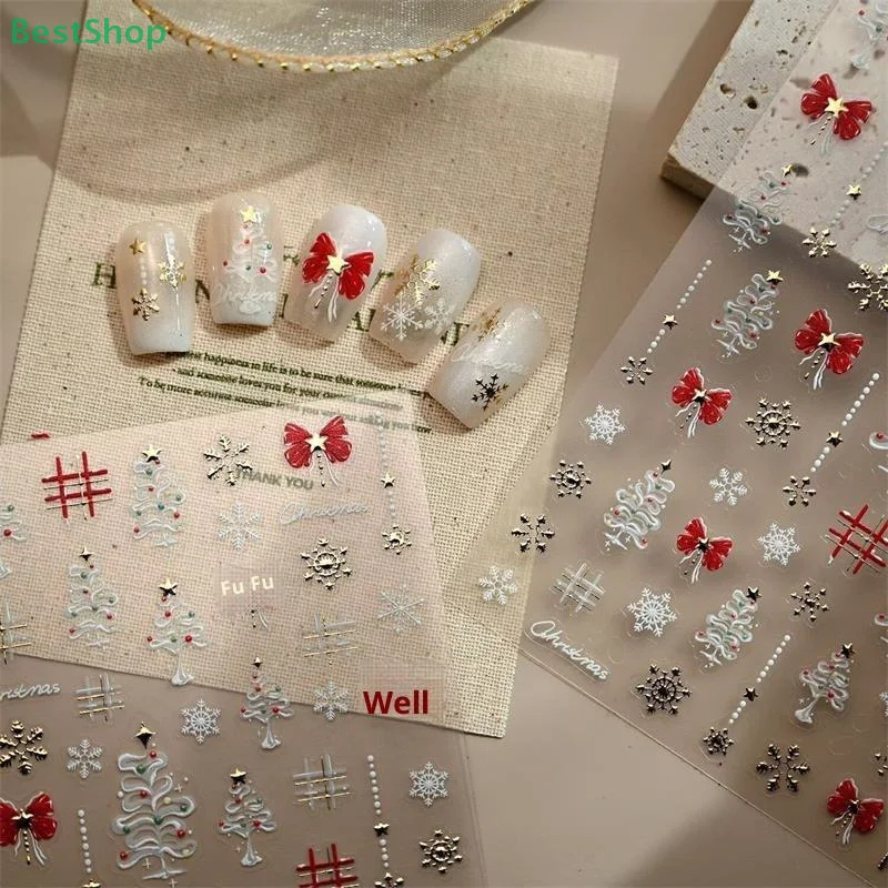 ♥ شجرة عيد الميلاد البيضاء الذهب مختوم ندفة الثلج الأحمر Bowknot 3D مسمار الفن ملصقات عيد الميلاد نمط مانيكير الشارات